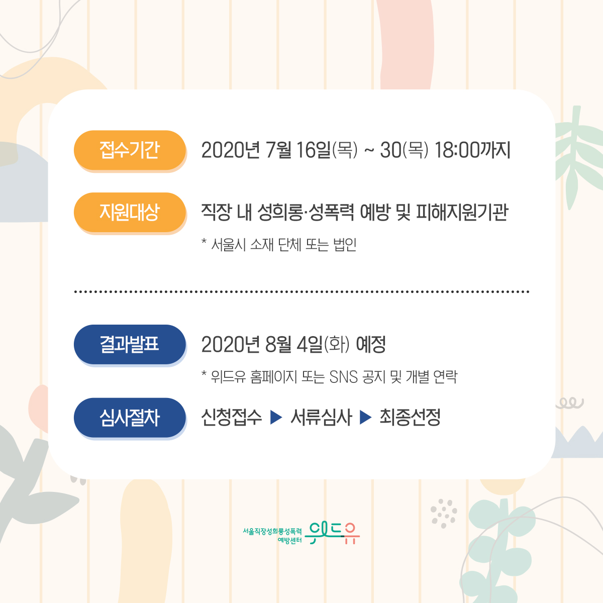 카드뉴스 3장 시작 (접수기간 : 2020년 7월 16일(목)~30일(목) 18:00까지 | 지원대상 : 직장 내 성희롱·성폭력 예방 및 피해지원기관 * 서울시 소재 단체 또는 법인 | 결과발표 : 2020년 8월 4일(화) 예정 * 위드유 홈페이지 또는 SNS 공지 및 개별 연락 | 심사절차 : 신청접수→서류심사→최종선정) 위드유 서울직장성희롱성폭력예방센터. 카드뉴스 3장 끝