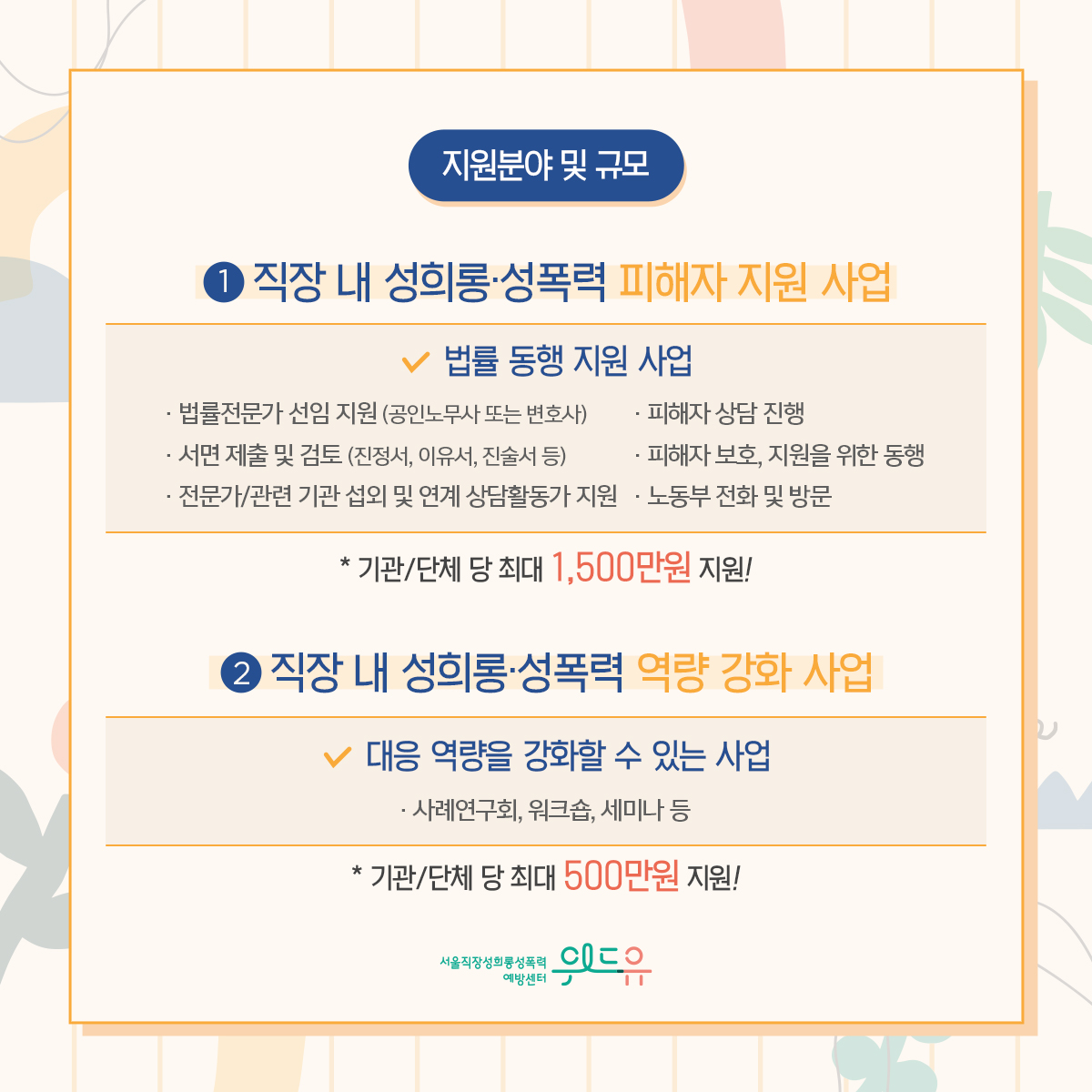 카드뉴스 4장 시작 (지원분야 및 규모 : 1. 직장 내 성희롱·성폭력 피해자 지원 사업–법률 동행 지원 사업 ·법률전문가 선임 지원 (공인노무사 또는 변호사) ·피해자 상담 진행 ·서면 제출 및 검토 (진정서, 이유서, 진술서 등) ·피해자 보호, 지원을 위한 동행 ·전문가/관련 기관 섭외 및 연계 상담활동가 지원 ·노동부 전화 및 방문 *기관/단체 당 최대 1,500만원 지원! 2. 직장 내 성희롱·성폭력 역량 강화 사업–대응 역량을 강화할 수 있는 사업 ·사례연구회, 워크숍, 세미나 등 *기관/단체 당 최대 500만원 지원!) 위드유 서울직장성희롱성폭력예방센터. 카드뉴스 4장 끝