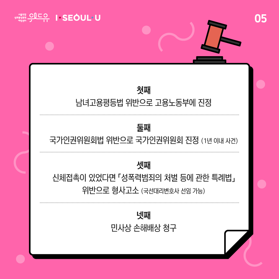 카드뉴스 5장 시작. 첫째. 남녀고용평등법 위반으로 고용노동부에 진정. 둘째. 국가인권위원회법 위반으로 국가인권위원회 진정. (1년 이내 사건) 셋째. 신체접촉이 있었다면 성폭력범죄의 처벌 등에 관한 특례법 위반으로 형사고소. (국선변호사 선임 가능) 넷째. 민사상 손해배상 청구. 카드뉴스 5장 끝. 위드유 서울직장성희롱성폭력예방센터, I SEOUL U.