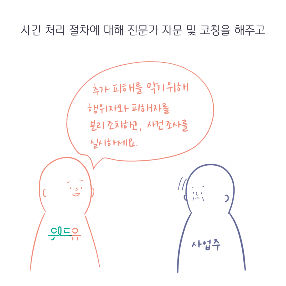 사건 처리 절차에 대해 전문가 자문 및 코칭을 해주고. 위드유: 추가피해를 막기 위해 행위자와 피해자를 분리 조치하고, 사건 조사를 실시하세요. 사업주: 끄덕임.
