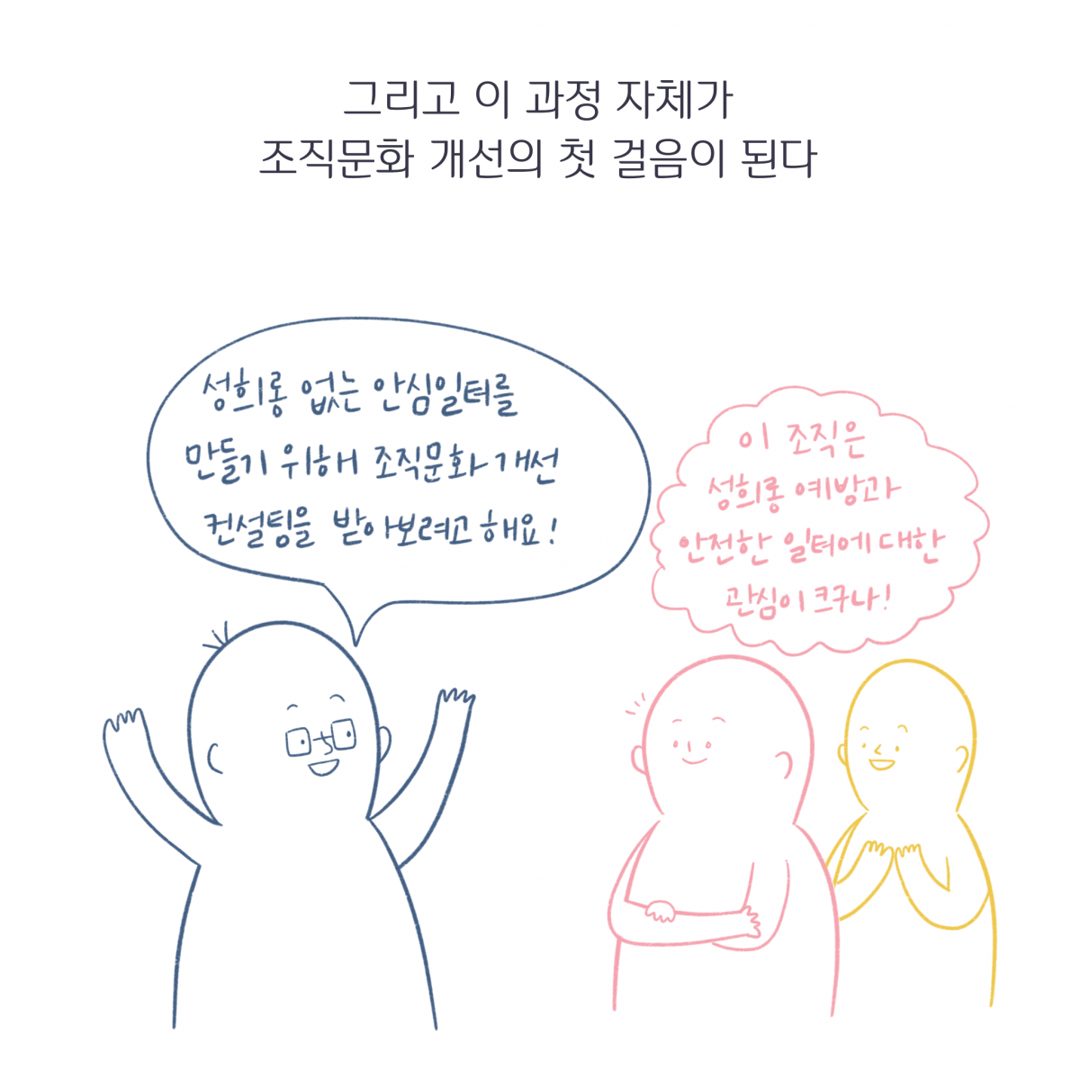 그리고 이 과정 자체가 조직문화 개선의 첫 걸음이 된다. 사업주: 성희롱 없는 안심일터를 만들기 위해 조직문화 개선 컨설팅을 받아보려고 해요! 직원들: 이 조직은 성희롱 예방과 안전한 일터에 대한 관심이 크구나!