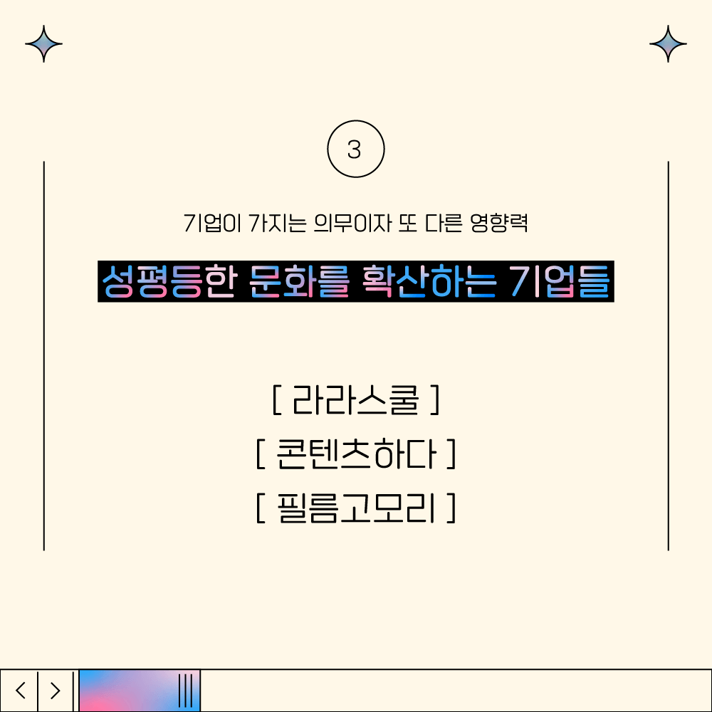 1장 시작. 3탄. 기업이 가지는 의무이자 또 다른 영향력. 성평등한 문화를 확산하는 기업들. 라라스쿨. 콘텐츠하다. 필름고모리. 1장 끝