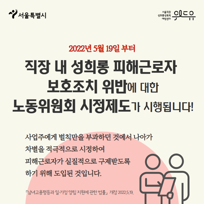 카드뉴스 1장. 2022년 5월 19일부터 직장 내 성희롱 피해근로자 보호조치 위반에 대한 노동위원회 시정제도가 시행됩니다! 사업주에게 벌칙만을 부과하던 것에서 나아가 차별을 적극적으로 시정하여 근로자가 실질적으로 구제받도록 하기 위해 도입된 것입니다.「남녀고용평등과 일·가정 양립 지원에 관한 법률」개정2022.5.19.