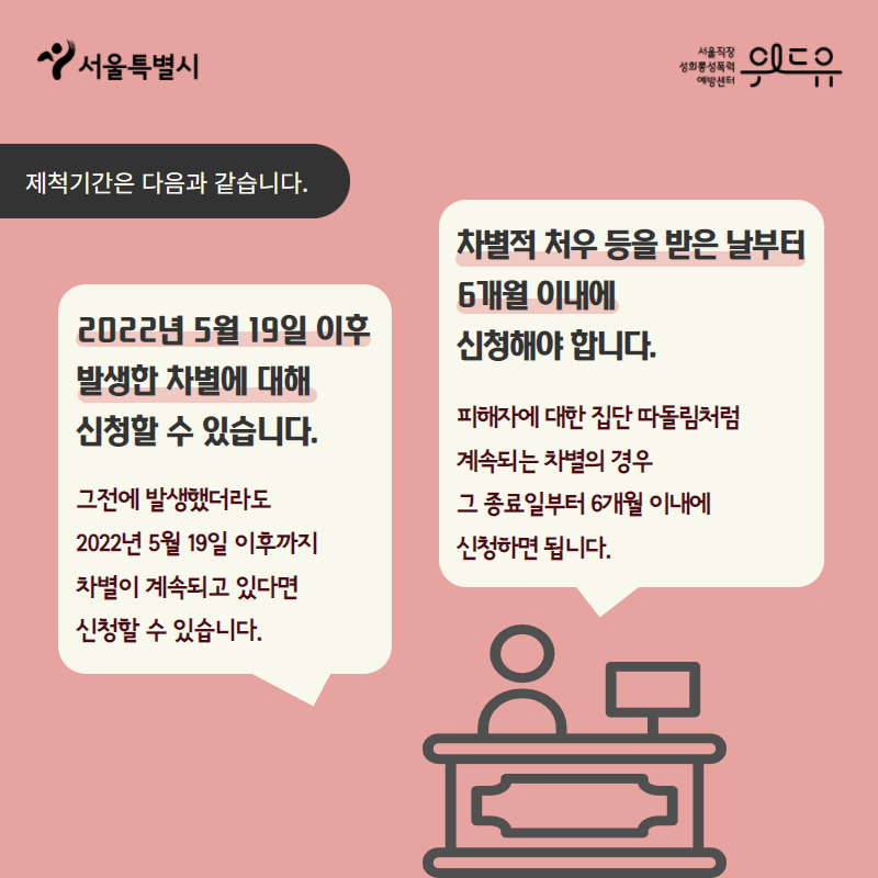 카드뉴스 4장. 제척기간은 다음과 같습니다. 2022년 5월 19일 이후 발생한 차별에 대해 신청할 수 있습니다. 그전에 발생했더라도 2022년 5월 19일 이후까지 차별이 계속되고 있다면 신청할 수 있습니다. 차별적 처우 등을 받은 날부터 6개월 이내에 신청해야 합니다. 피해자에 대한 집단 따돌림처럼 계속되는 차별의 경우 그 종료일부터 6개월 이내에 신청하면 됩니다.