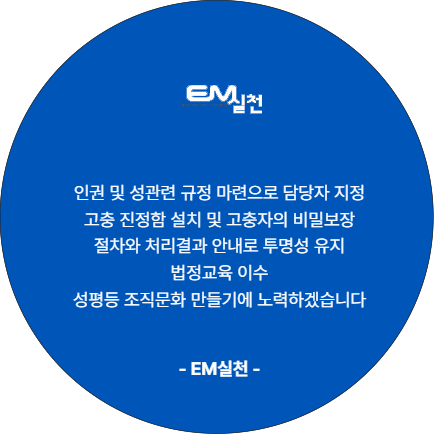 인권 및 성관련 규정 마련으로 담당자 지정. 고충 진정함 설치 및 고충자의 비밀보장 절차와 처리결과 안내로 투명성 유지. 법정교육 이수. 성평등 조직문화 만들기에 노력하겠습니다. EM실천